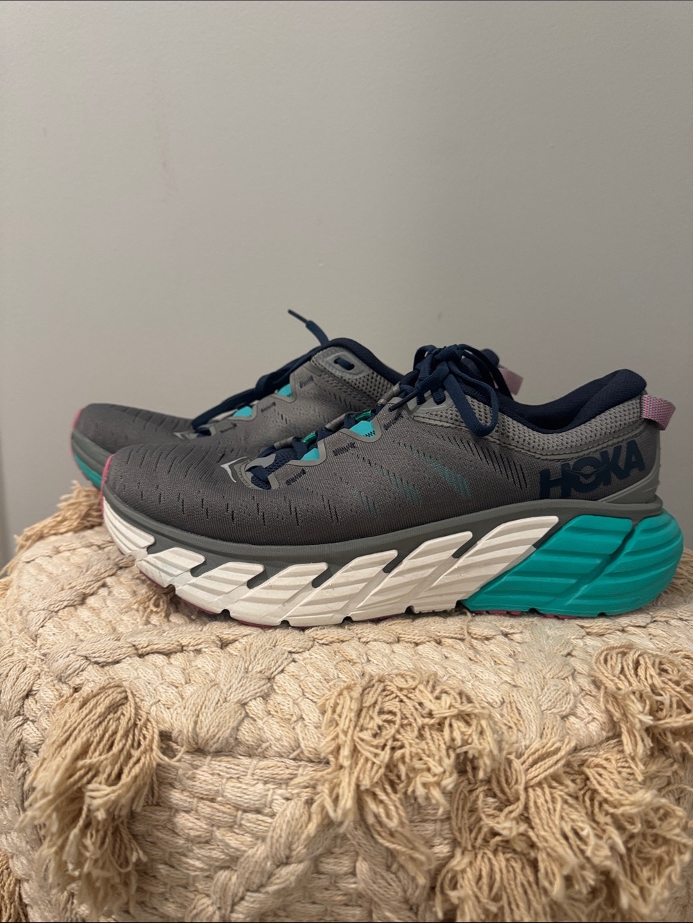 Hoka Women's Gray with Teal and Navy Running Shoes